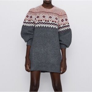 Zara Fair Isles Knit Ballon Sleeve Jacquard Sweater Dress Oversized Women’s S